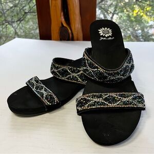 YELLOWBOX Two Strap Ursulla Wedge Sandals Black Sparkle Rhinestone Aztec Size 11